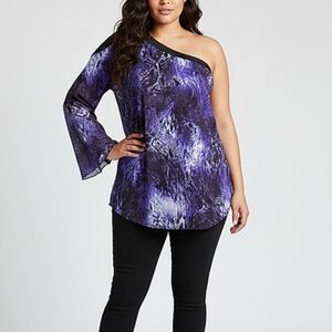 Elegant One Shoulder Top Blue Purple Black Womens Size Large Flared Sleeve
